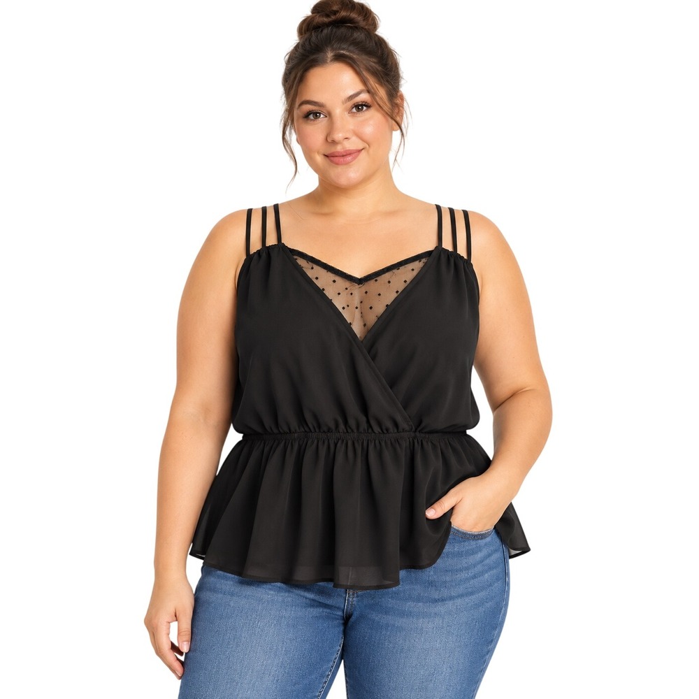 Maurices Black Peplum Cami Top XXL Polka Dot Mesh Wrap Triple Strap Chiffon
